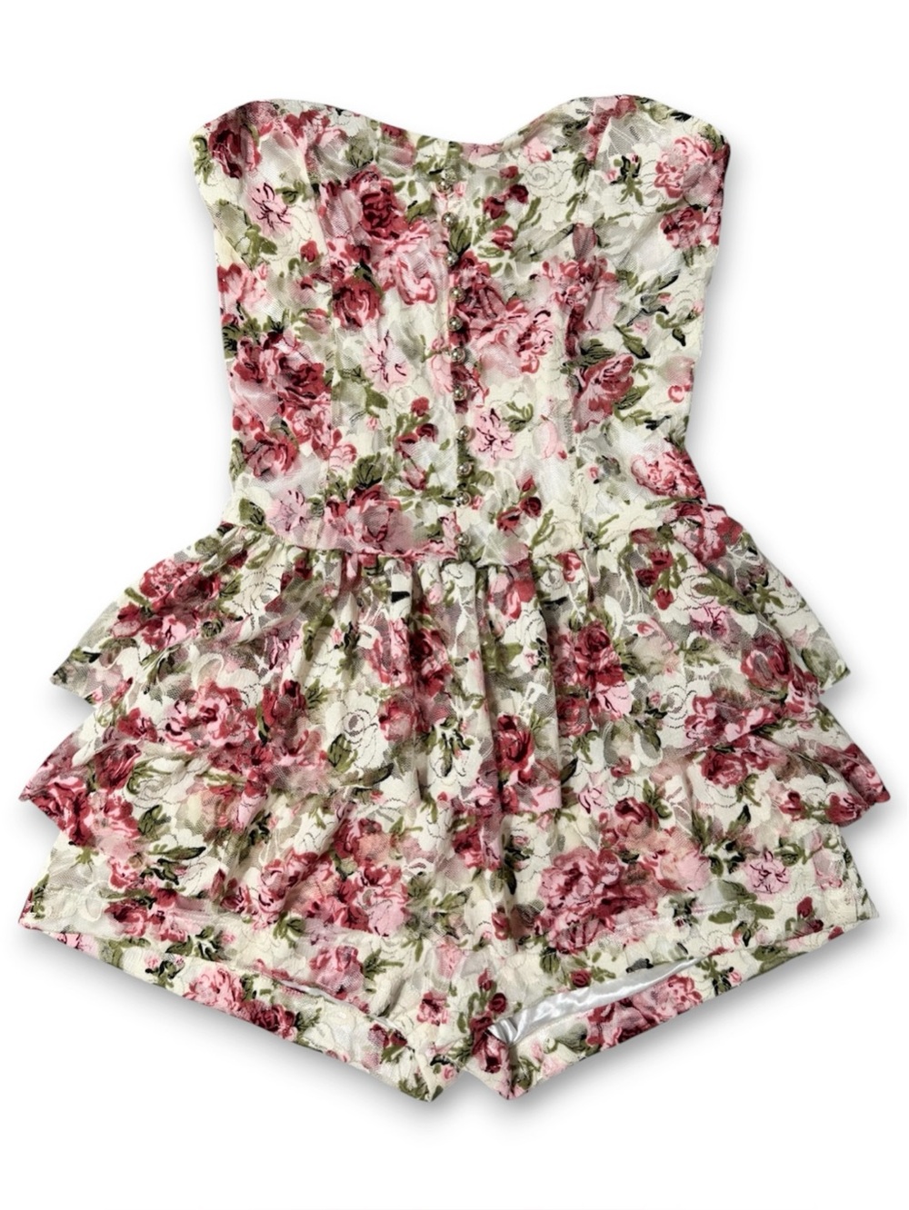 New Mode Lace Floral Romper Strapless Cream Pink NWOT